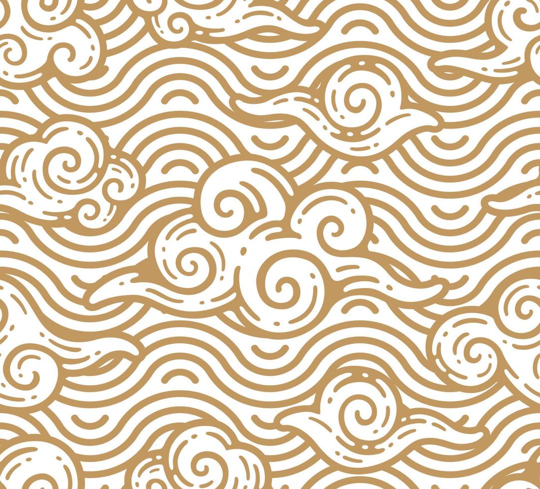 seamless pattern of clouds with sea ornament in doodle outline style vector