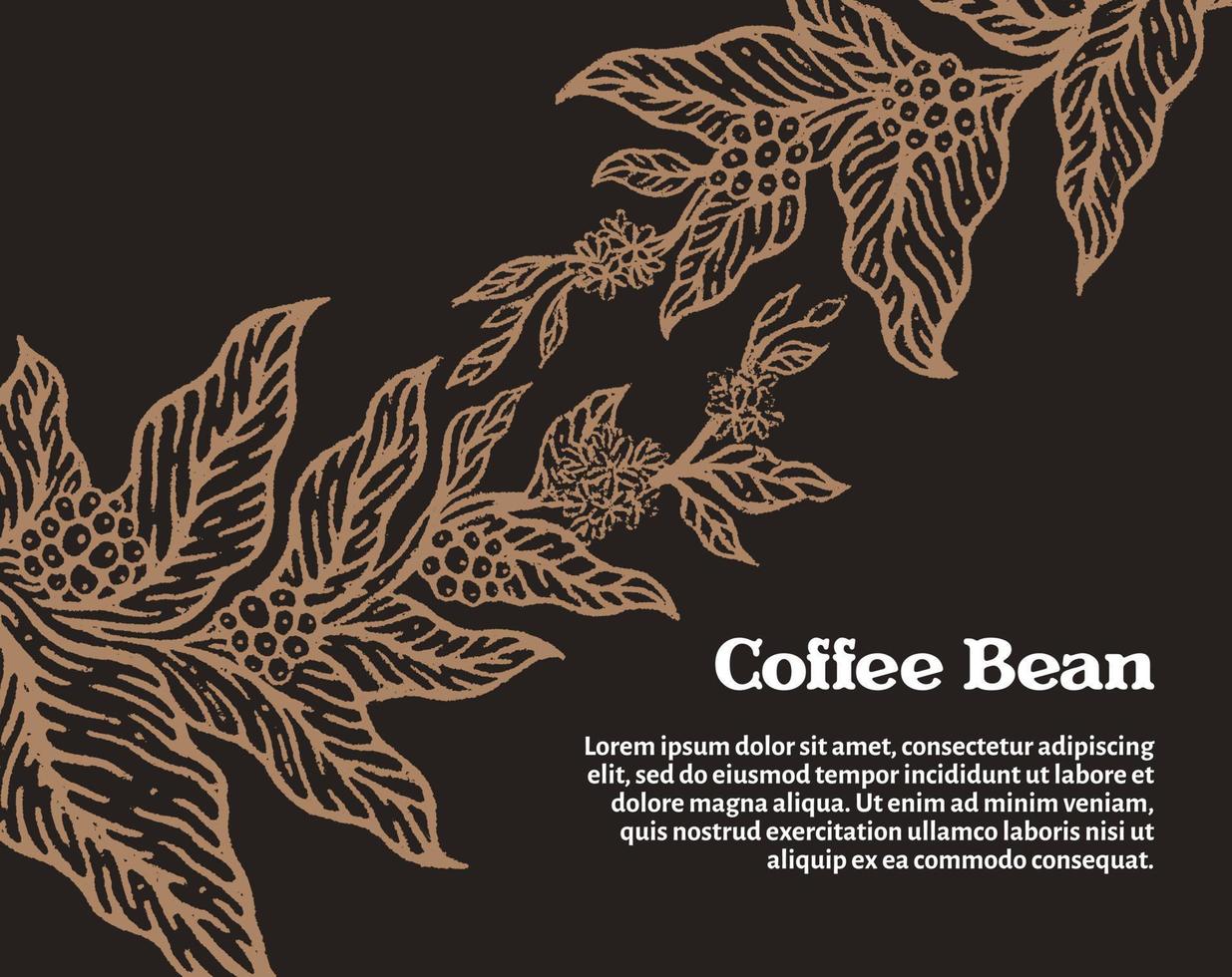 plantilla de rama dorada de cafeto con hojas, flores y granos de café naturales. vector