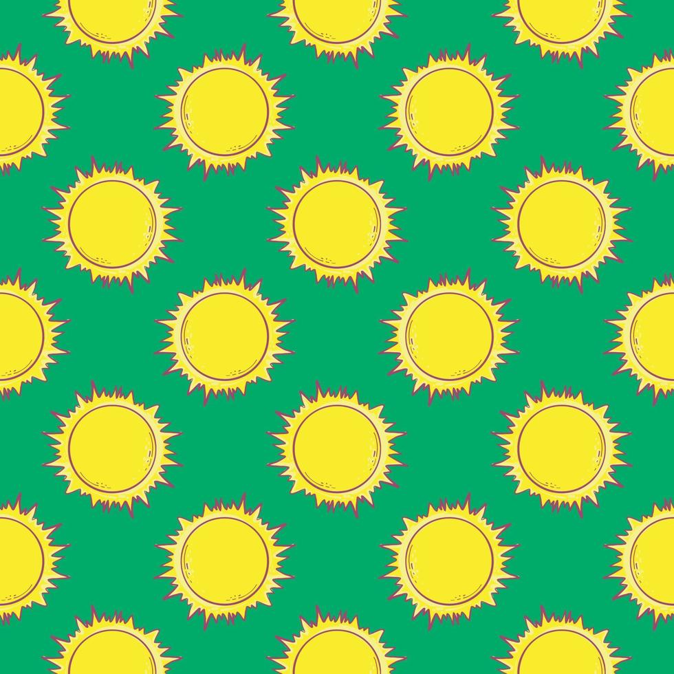 Hot yellow suns,seamless pattern on green background. vector