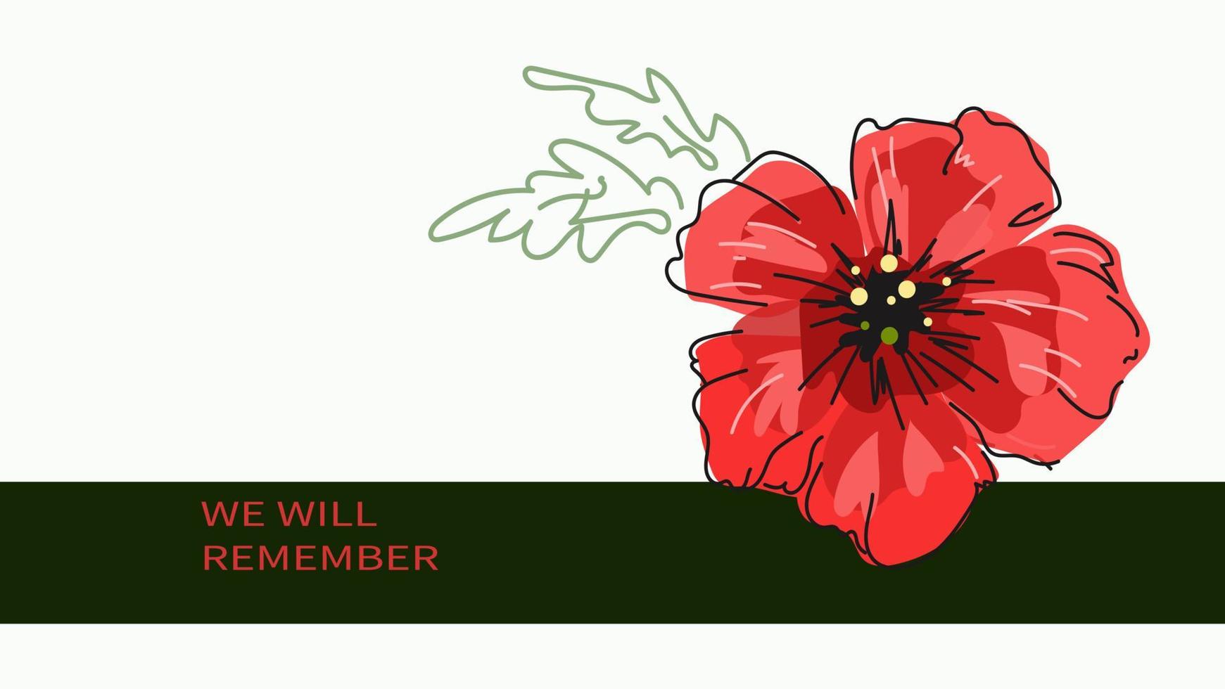 flor de amapola roja brillante, pancarta de garabatos vectoriales para el día del recuerdo, día conmemorativo, día anzac vector