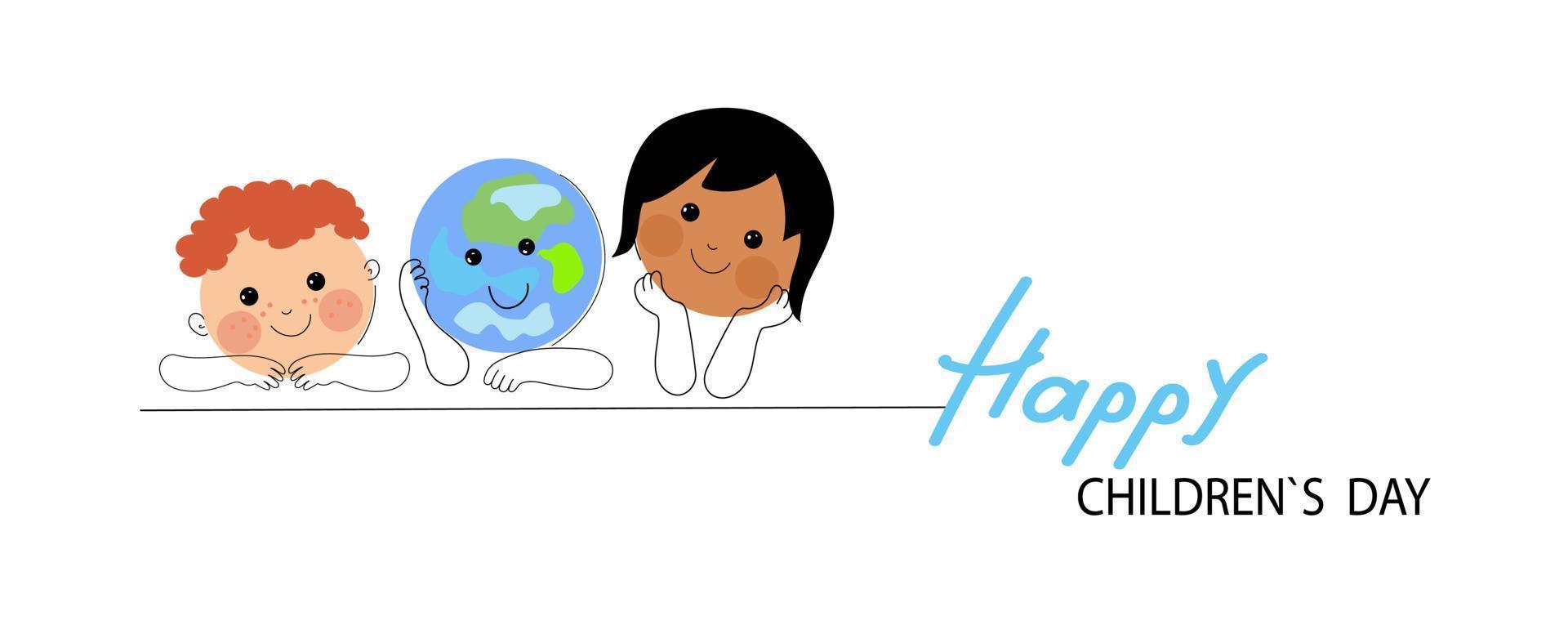 Social media horizontal banner template for World children's day. Funny planet character with happy baby boy , asian baby girl. Vector flat cartoon doodle banner.