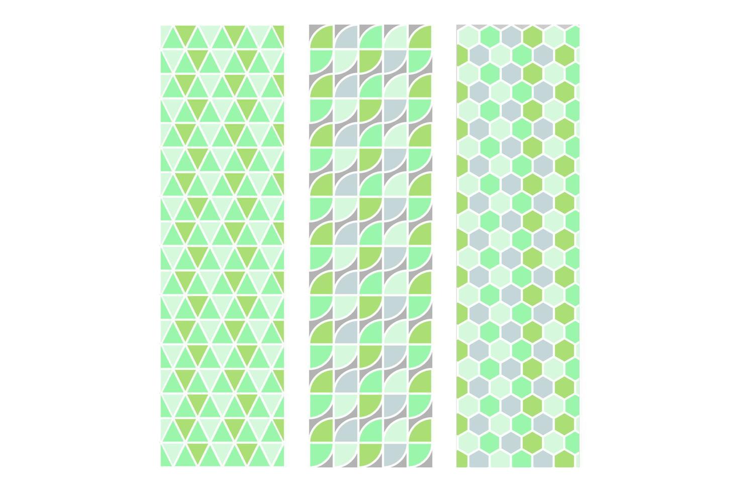 conjunto de patrones geométricos sin fisuras en gris verde. patrones de estampados de diseño gráfico hexagonal de geometría abstracta. patrón de triángulo de cuarto de círculo geométrico transparente. vector