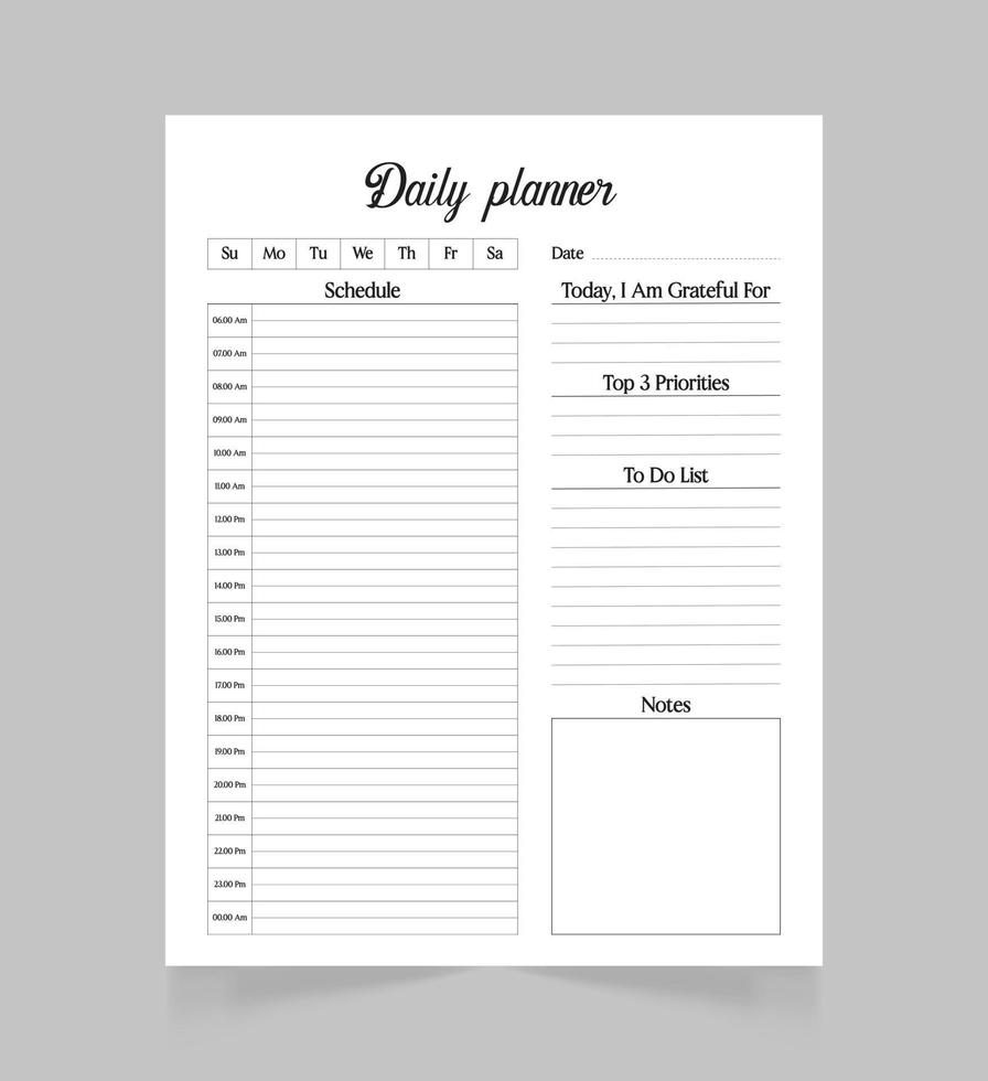 Printable daily planner page template . Blank white notepad page. vector