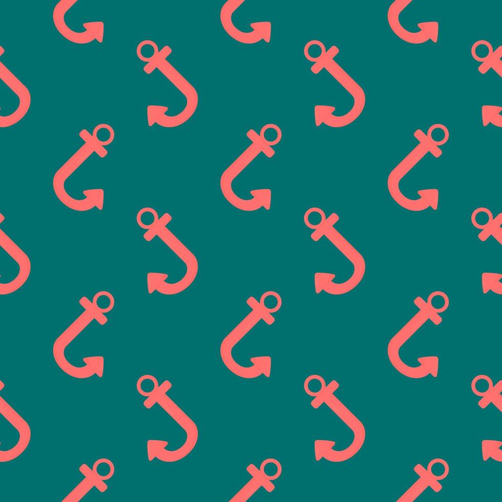 Red anchor, seamless pattern on dark green background. vector