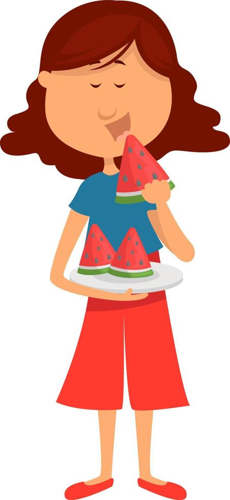 Girl eating watermelon, illustration, vector on white background.