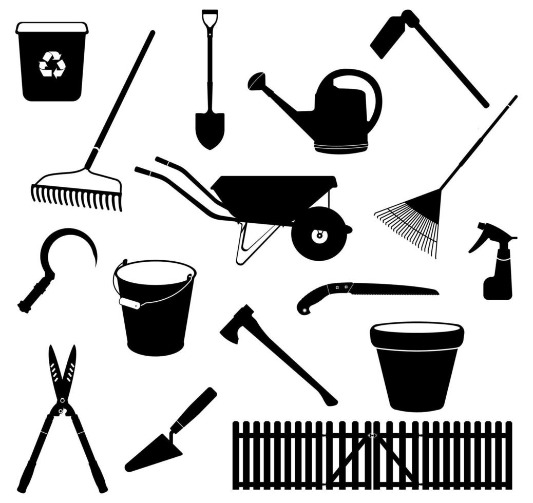 Garden Tool Silhouettes, Set Farming Gardening Equipment Illustrations vector