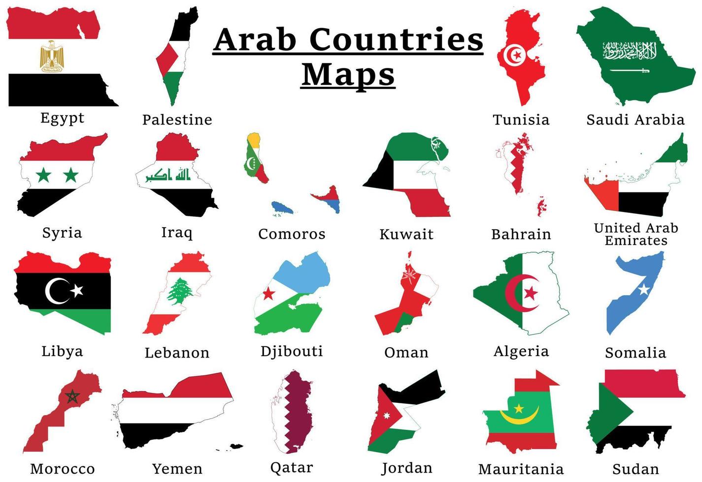 conjunto de mapas de la bandera nacional de los países árabes, las 22 piezas de rompecabezas de la colección de mapas de la bandera árabe. vector