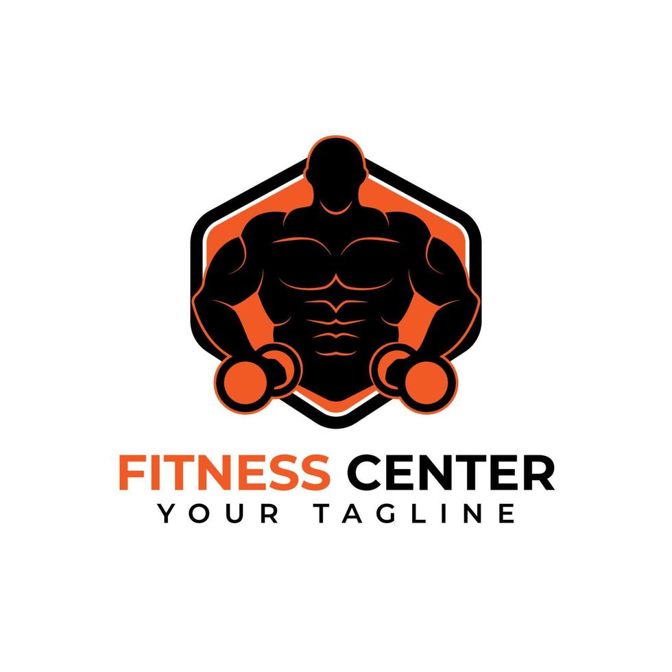 centro de fitness y diseño de vector de logotipo de construcción de cuerpo en color negro y naranja