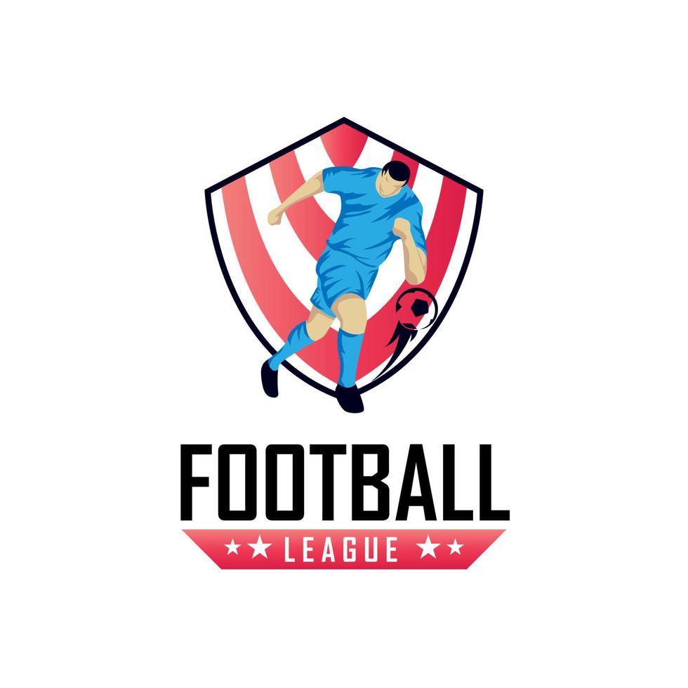logotipo de jugador de fútbol en acción con diseño de emblema de fútbol sobre fondo blanco vector