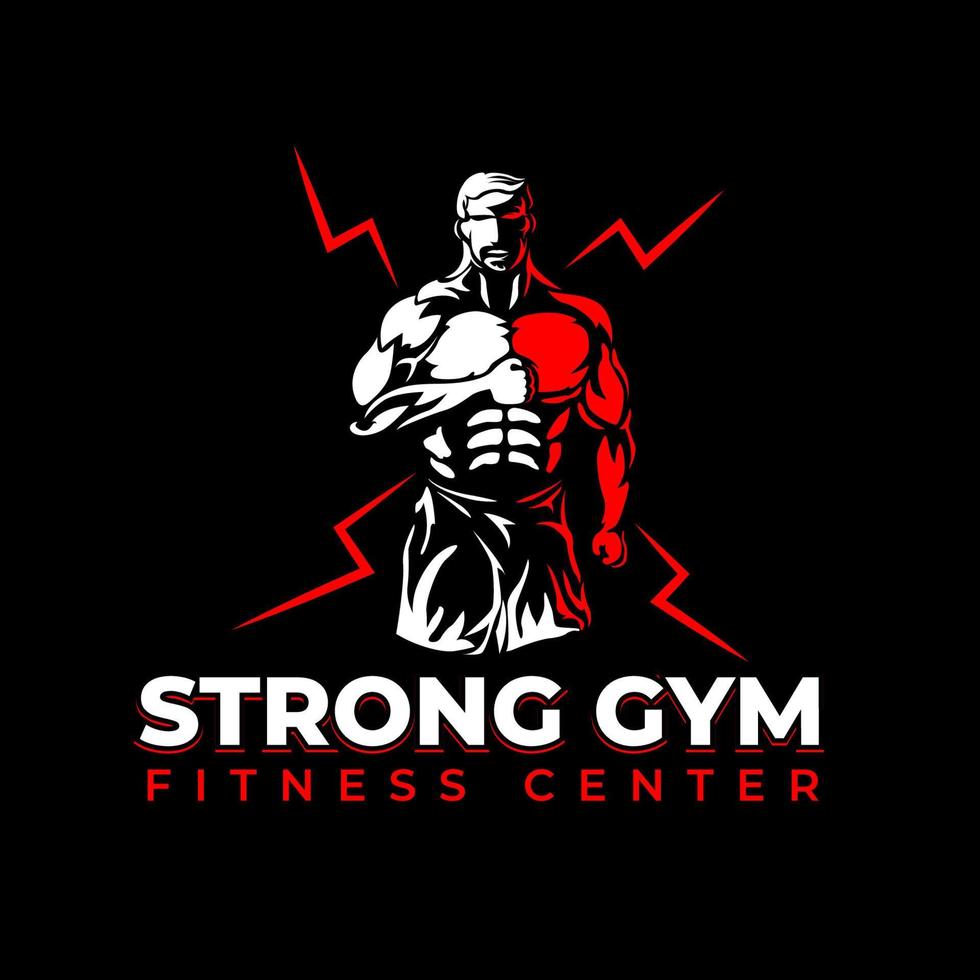 centro de fitness y plantilla de logotipo de gimnasio, silueta de hombre fuerte con músculos vector