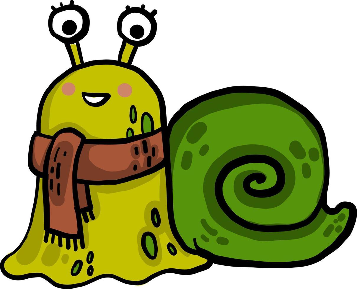 Caracol con una bufanda, ilustración, vector sobre fondo blanco.