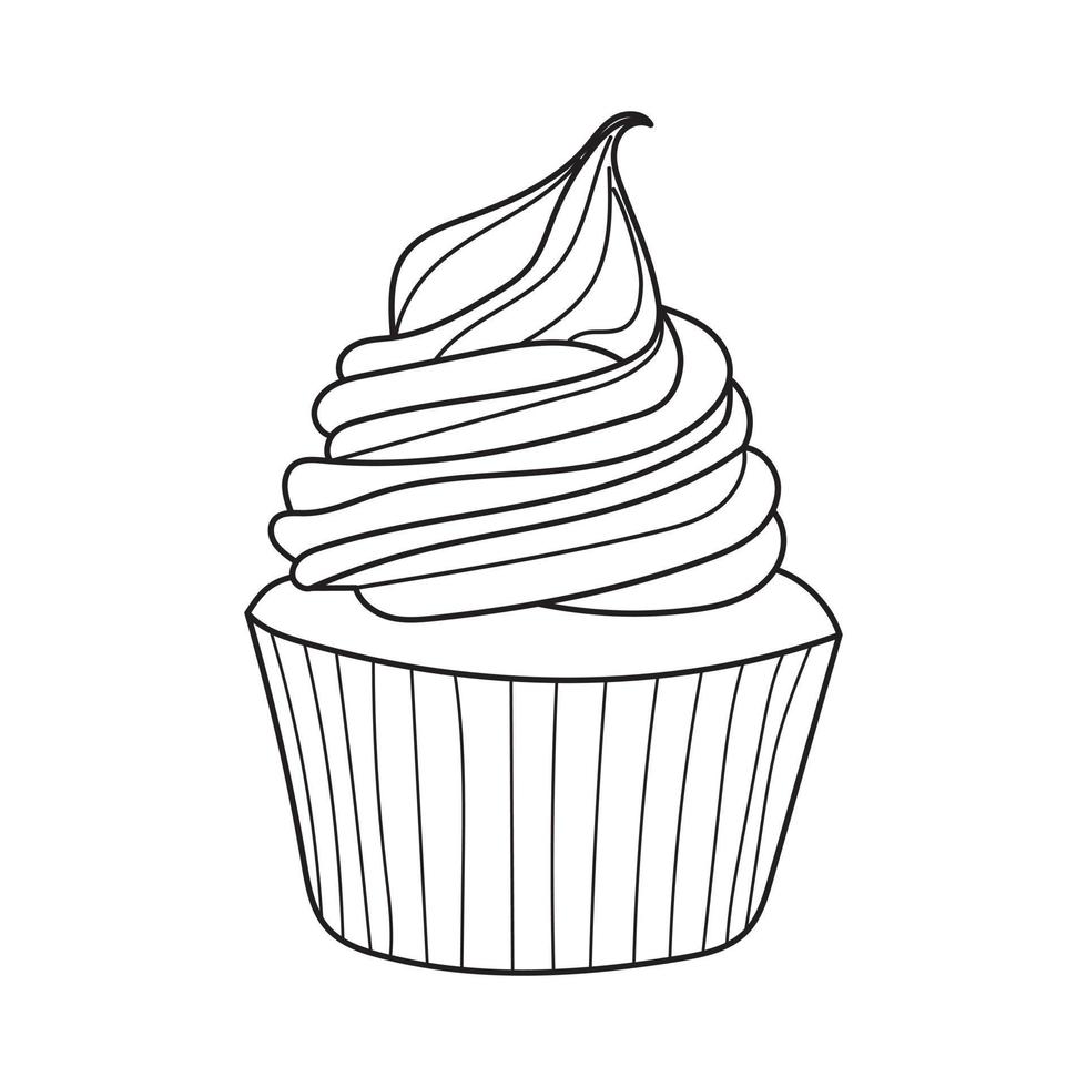 Sweet cupcake. Simple black and white vector illustration. Design for a signboard or menu for a cafe, bakery. Dessert concept. Template for wrapping paper, postcards