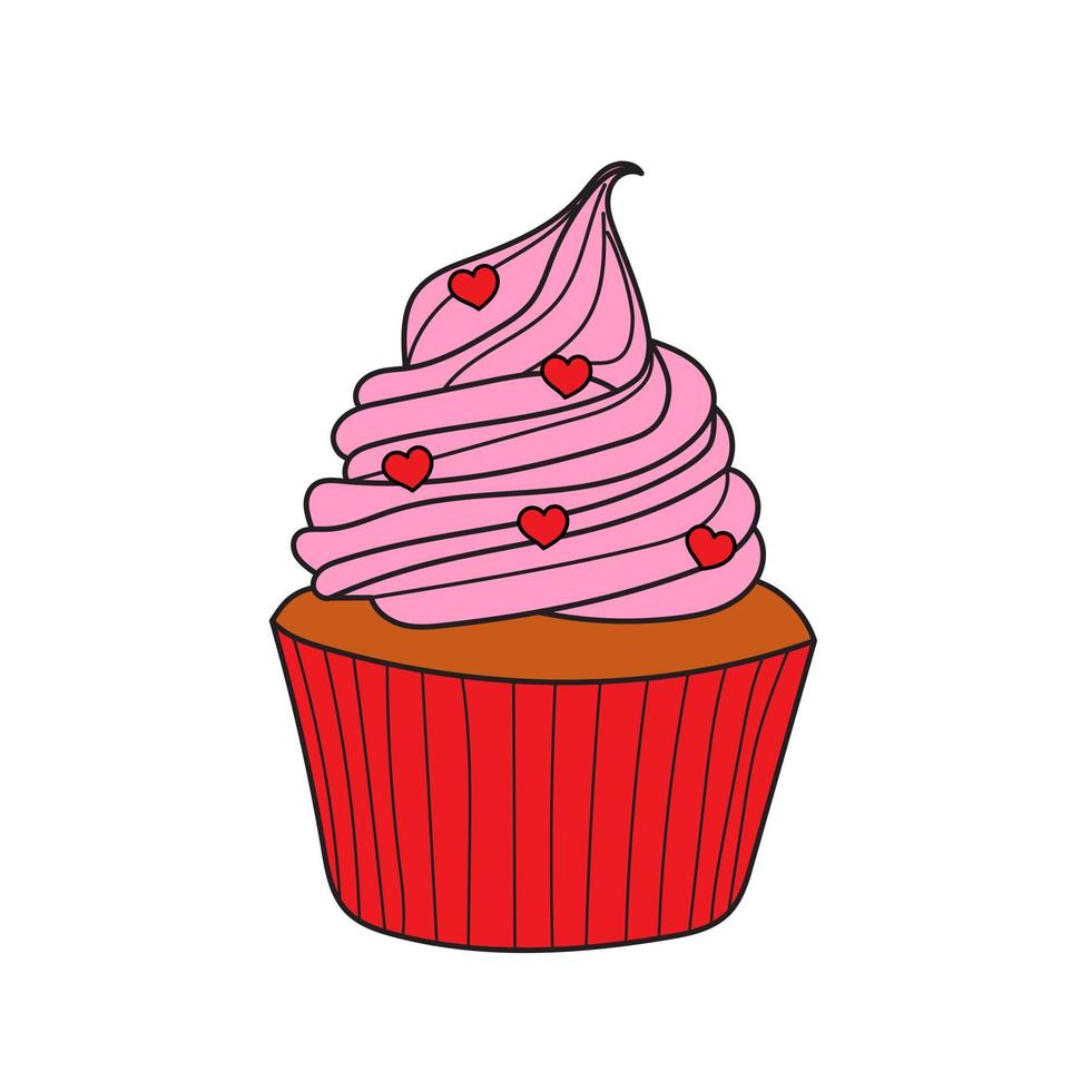 Light airy pink biscuit for birthday. Sweet cupcake with hearts. Vector Illustration on white background
