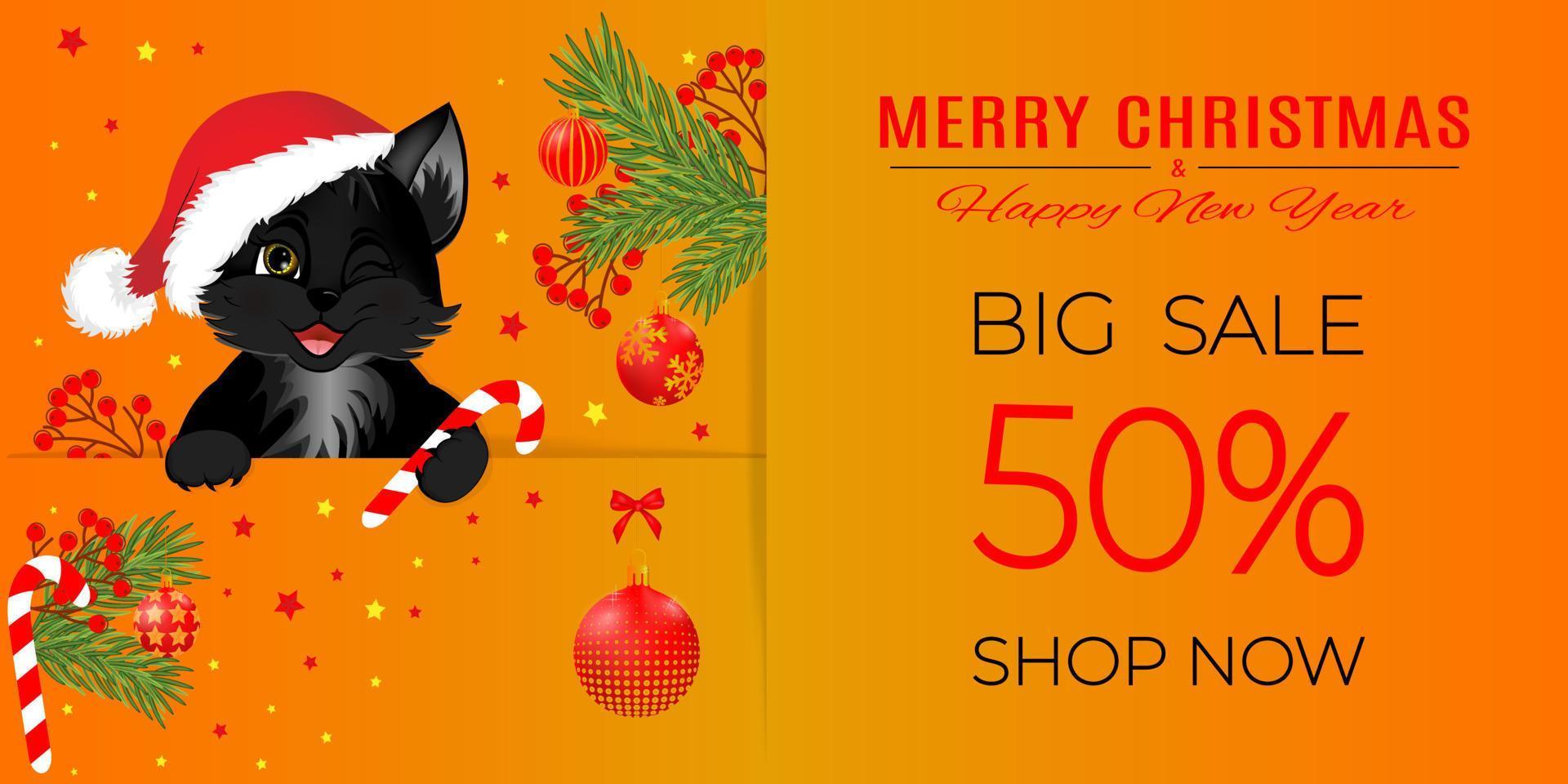 Sale banner with black cat, Christmas ball and bow in orange and red colors. vector