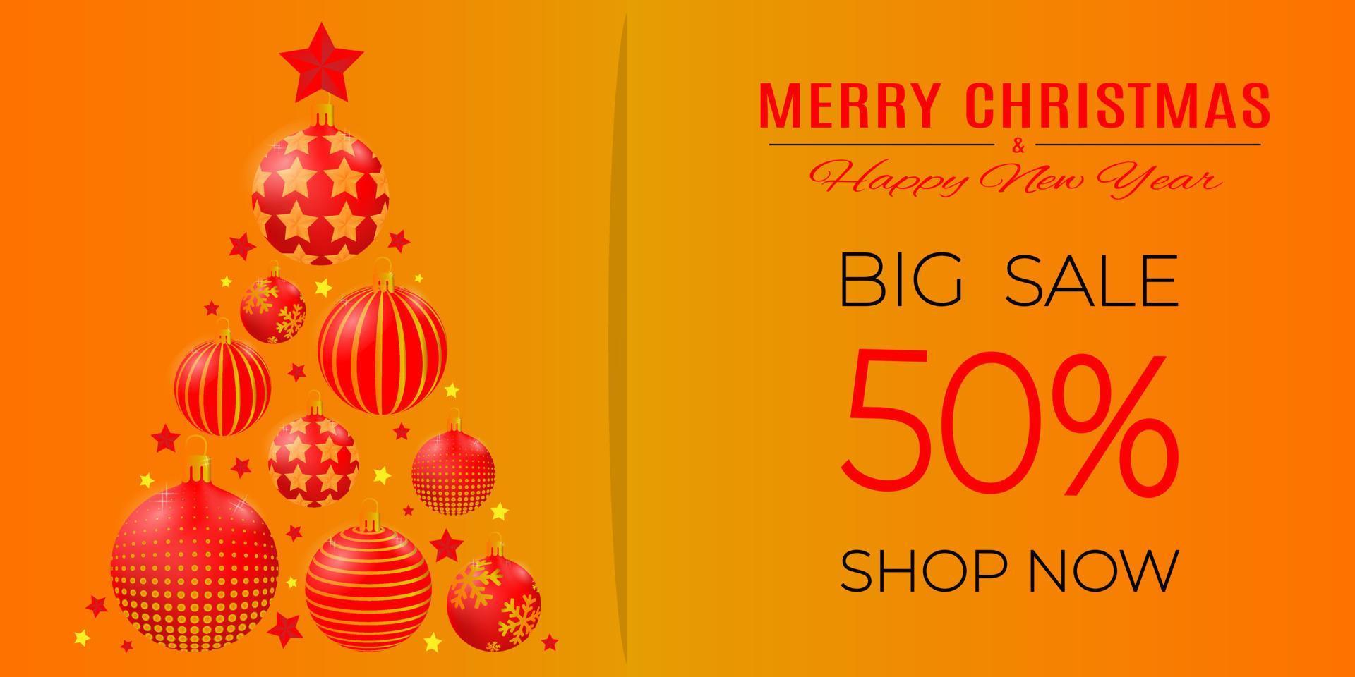 Sale banner with Christmas tree, Christmas ball and bow in orange and red colors. vector