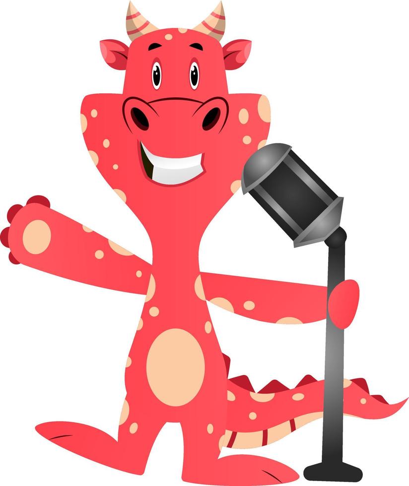 Red dragon is holding microphone, illustration, vector on white background.