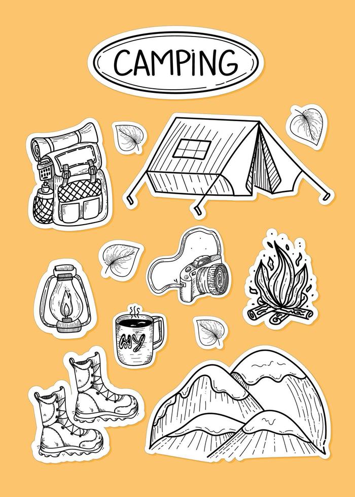 A set of camping-themed stickers, with hand-drawn doodle-style elements. Backpack, tent, boots, mountains, fire, etc. Items for tourism and recreation. Isolated vector on a bright background