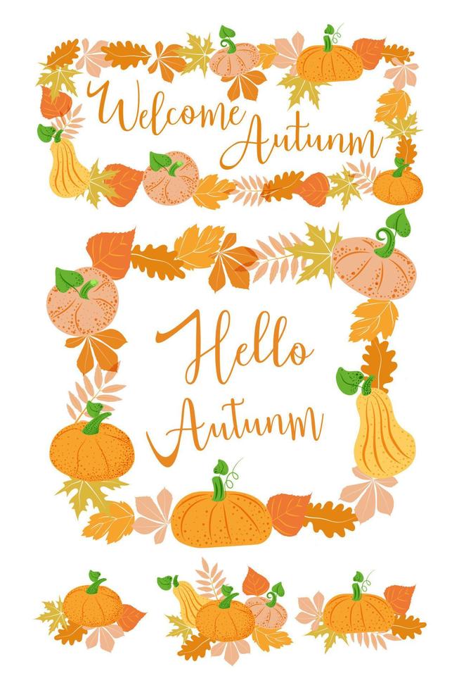 A set of frames and compositions for postcards. Pumpkins and autumn leaves in orange. The inscription Hello, Autumn . Suitable for posters and invitations vector