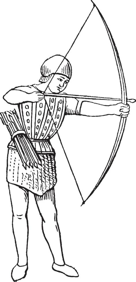 arquero en la Inglaterra del siglo XV, ilustración antigua. vector