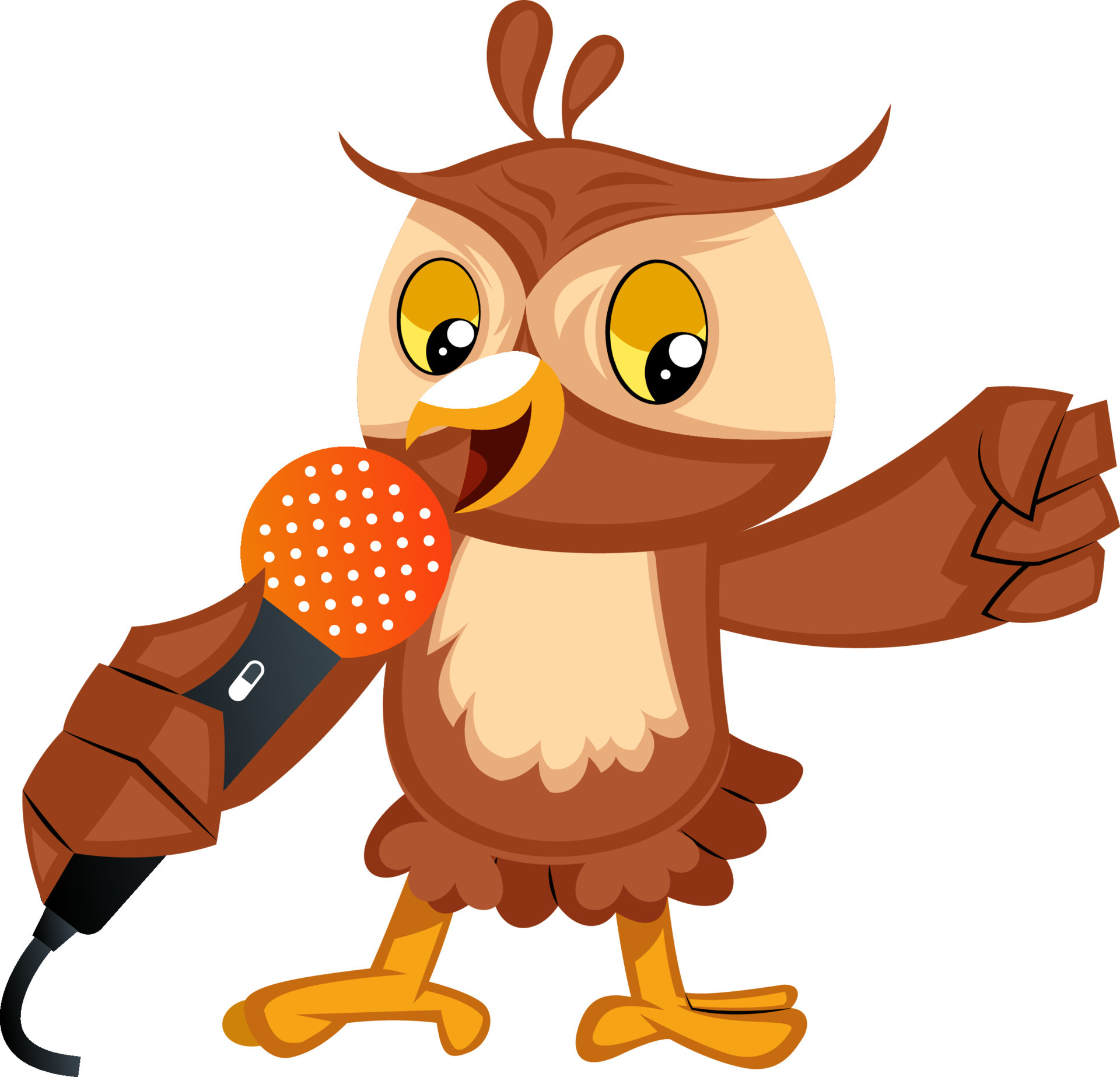 Owl singing on microphone, illustration, vector on white background