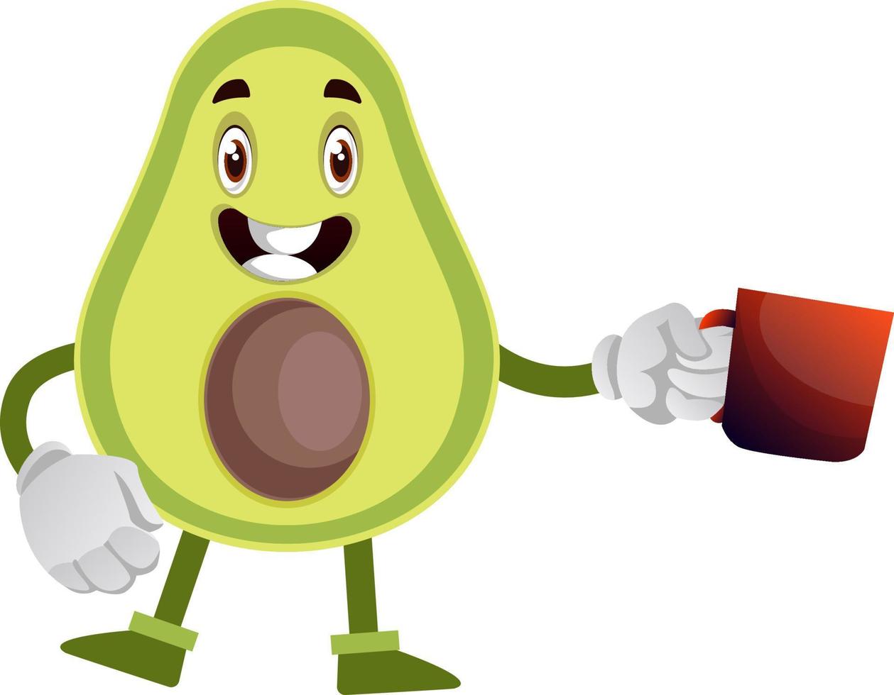 Avocado with cup of tea, illustration, vector on white background.
