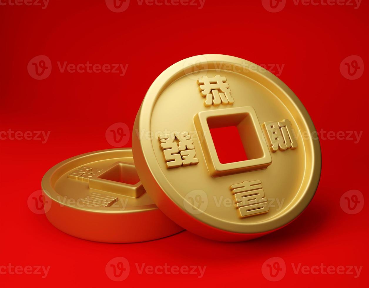 3D illustration realistic ancient gold ingot Chinese coin with round shape and square hole at centre for asian festival use on red background photo