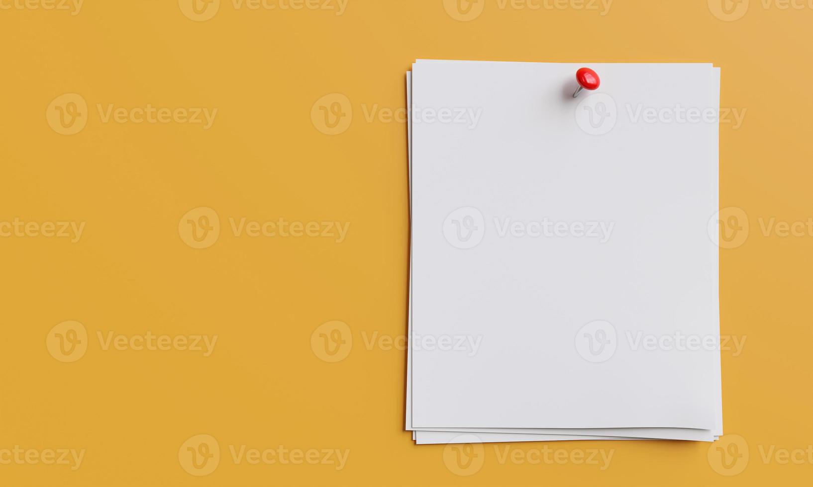 blank white paper page with red pin on yellow background. with free space for copy. 3D rendering illustration photo