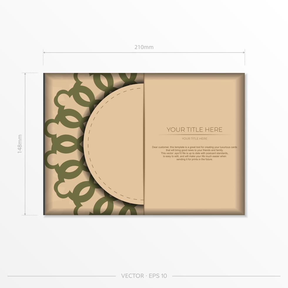 plantilla vectorial para postales de diseño de impresión en colores beige con patrones de mandala. preparando una invitación con un lugar para tu texto y un adorno abstracto. vector