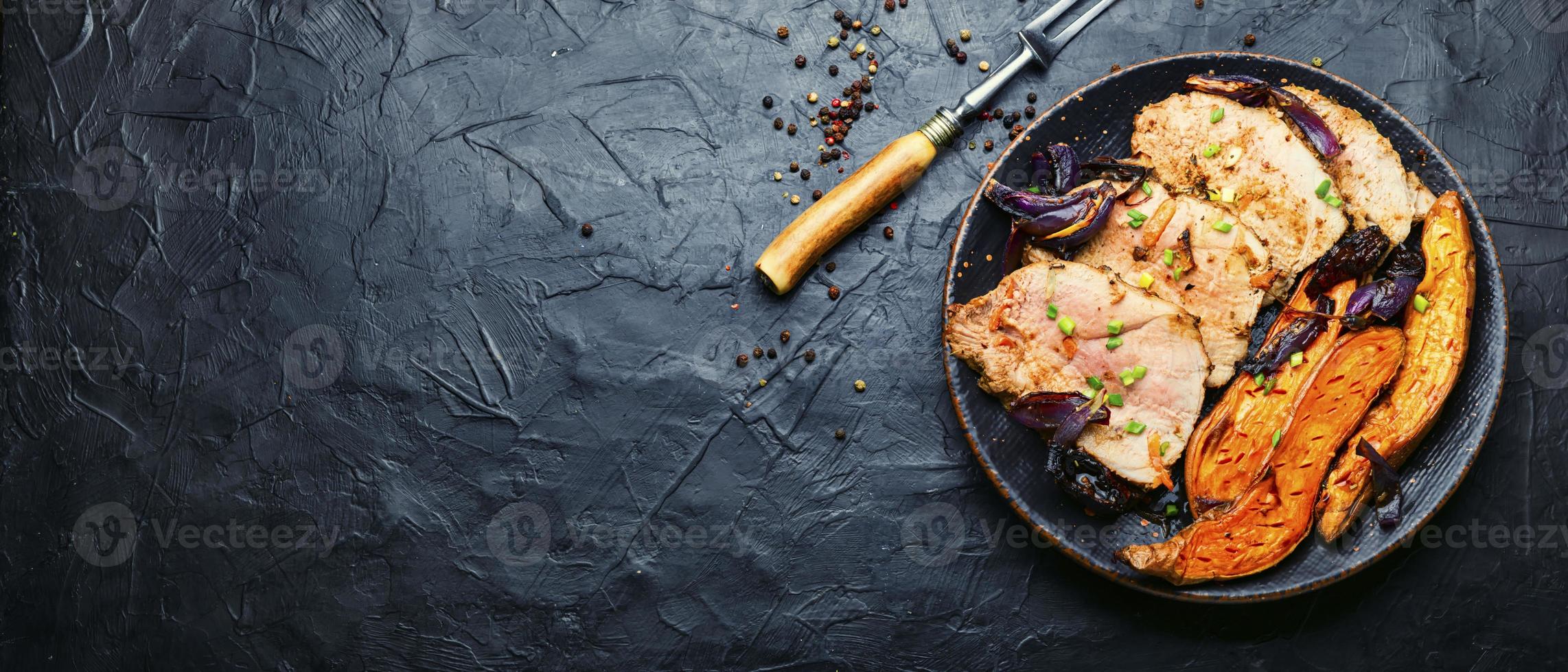 Roasted meat with sweet potatoes,long banner photo