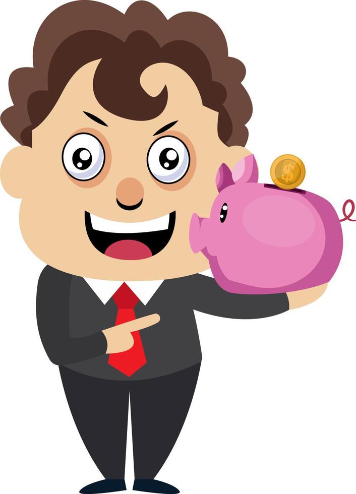 Man with piggy bank, illustration, vector on white background.