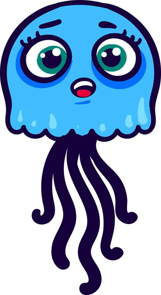 Scared blue jellyfish, illustration, vector on a white background.