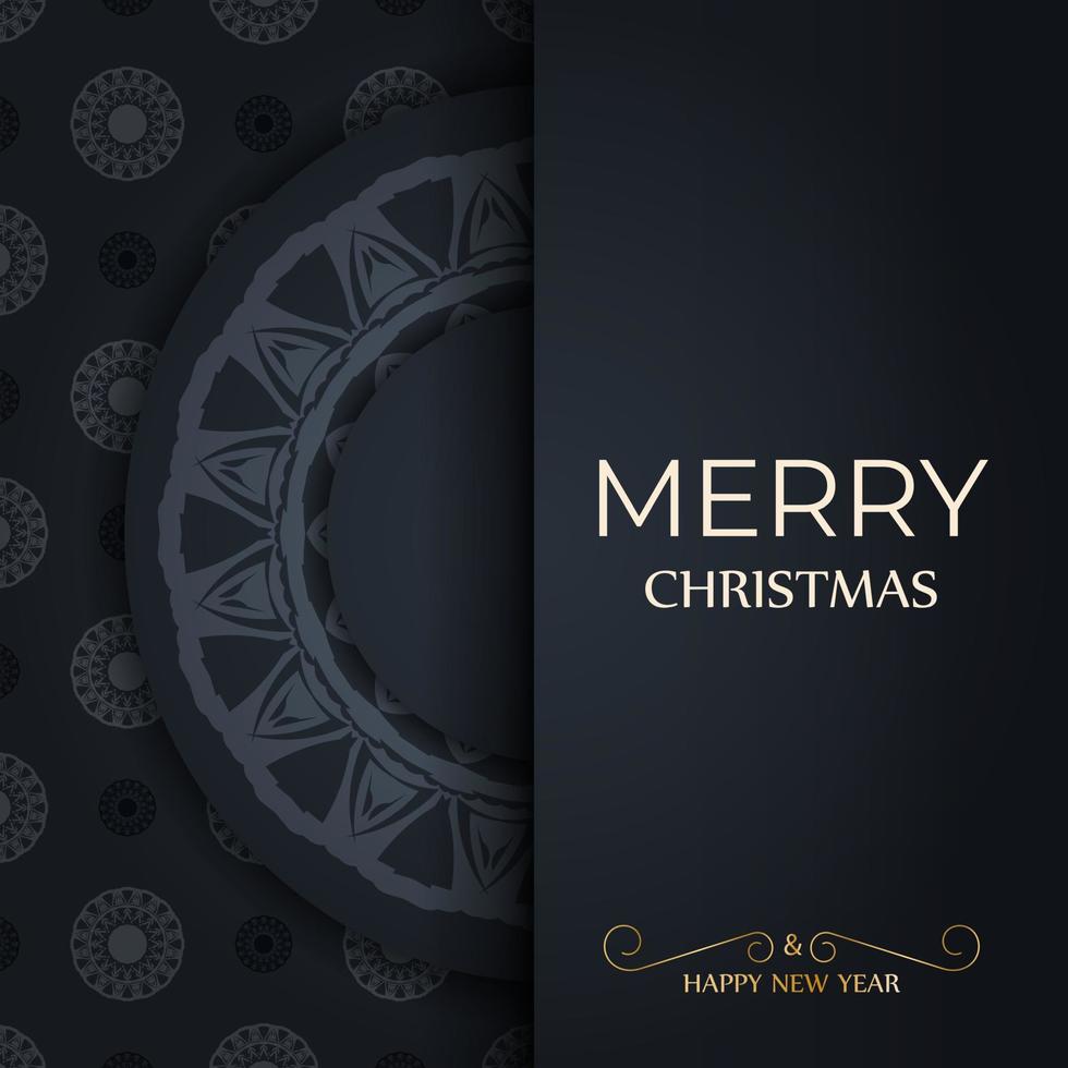 Postcard template Merry Christmas and Happy New Year in dark blue color with vintage blue ornament vector