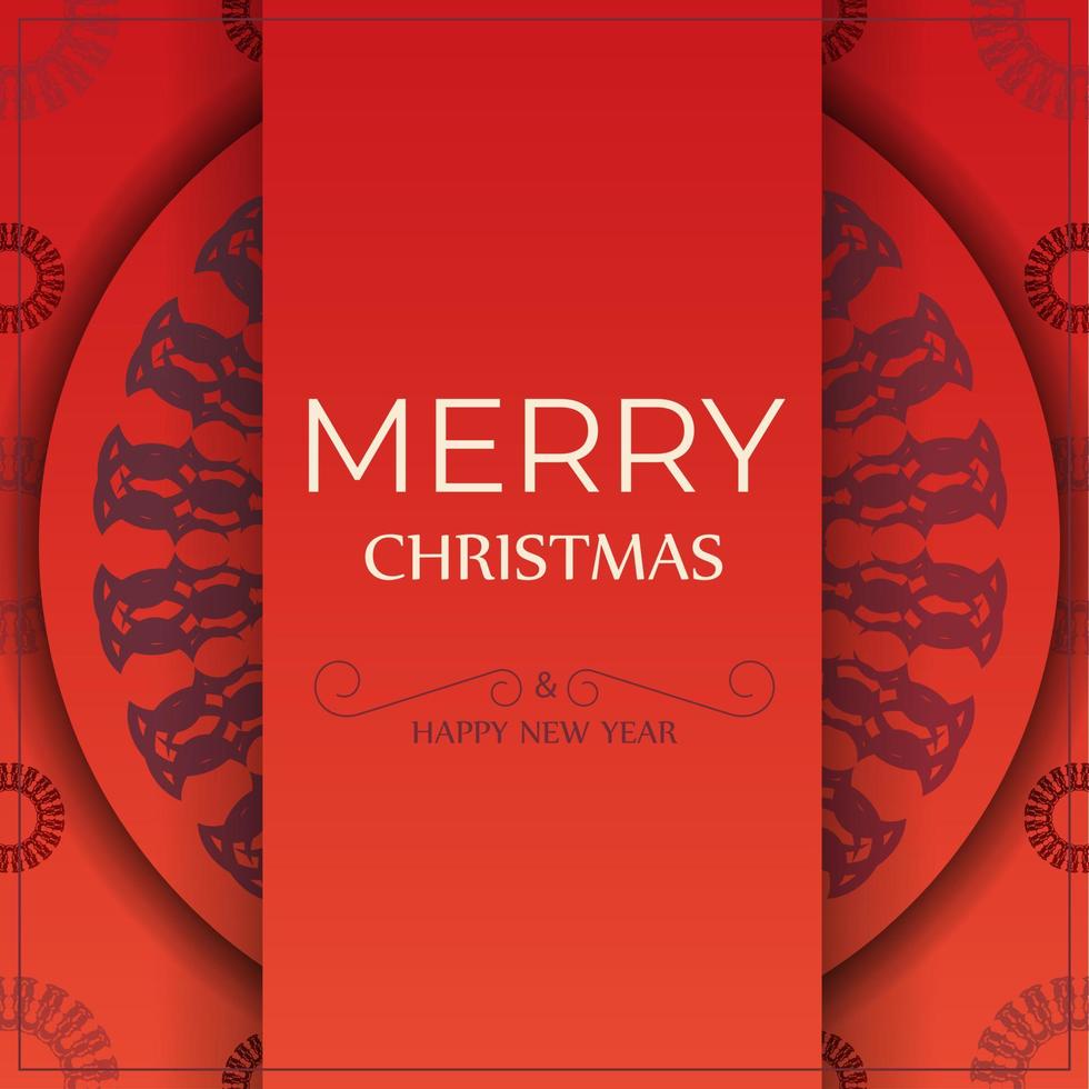 plantilla de folleto de saludo de feliz navidad y feliz año nuevo color rojo con adorno burdeos vintage vector