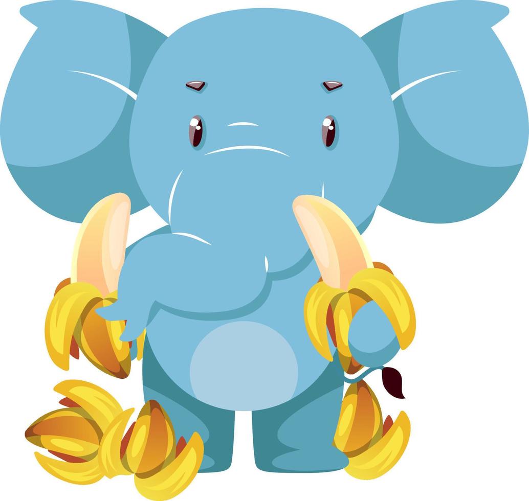 Elephant with bananas, illustration, vector on white background.