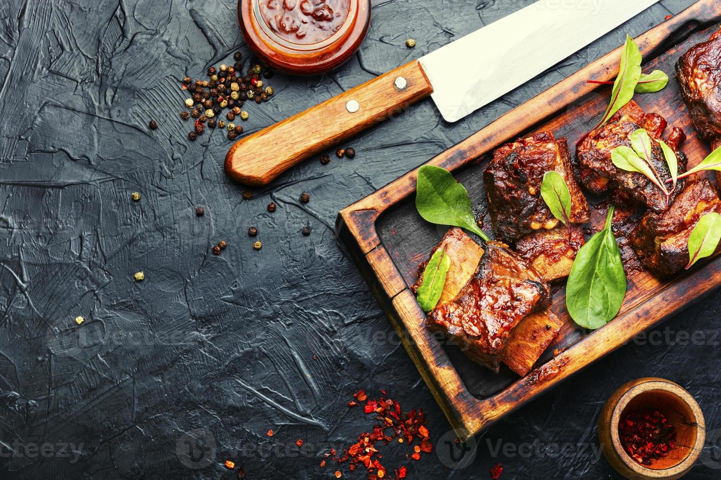Roasted beef brisket on the ribs,copy space photo