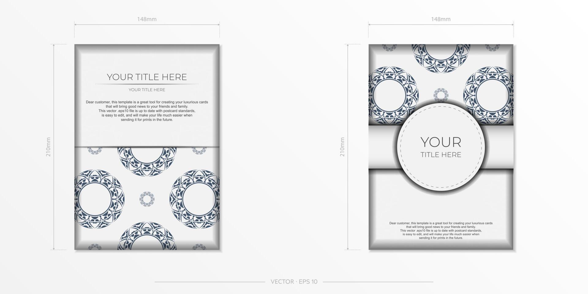Vector Preparation of invitation card with place for your text and abstract ornament. Luxurious Ready-to-Print Postcard Design in White with Patterns.
