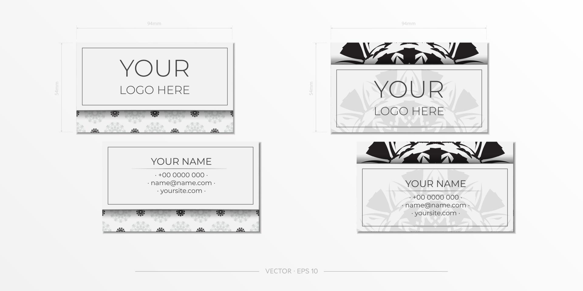 Business card design in white with black ornaments. Vector business cards with place for your text and abstract patterns.