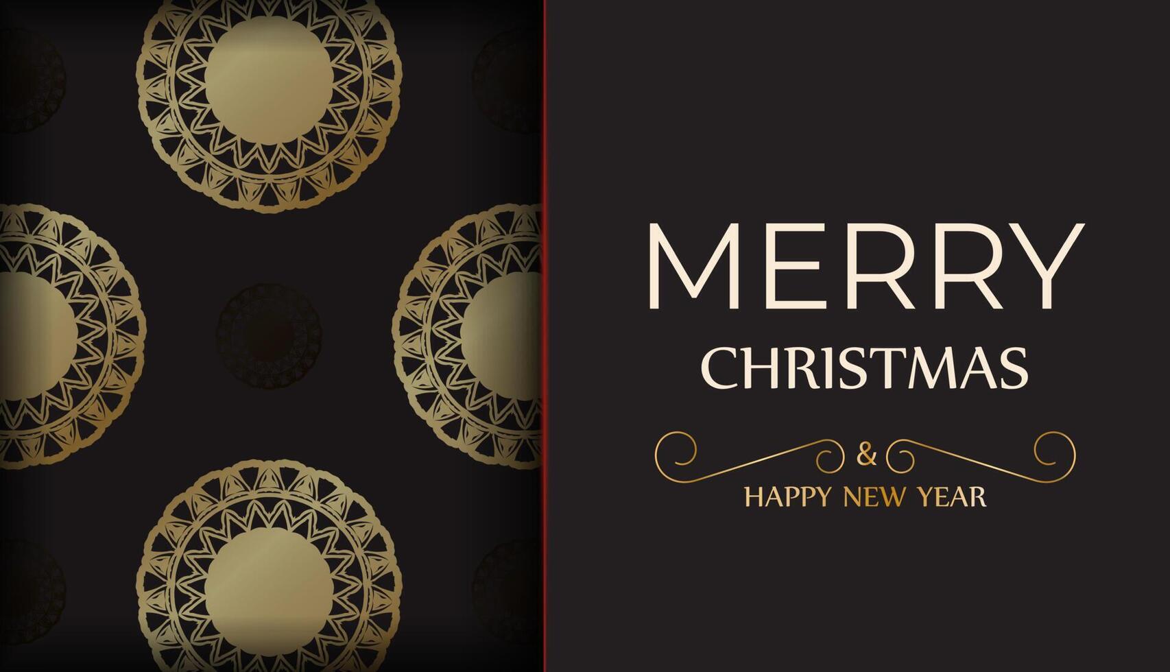 Merry Christmas and Happy New Year greeting flyer in black color with gold ornaments. vector