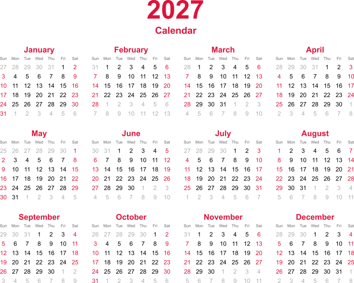 12 month calendar year 2027 on transparency background png