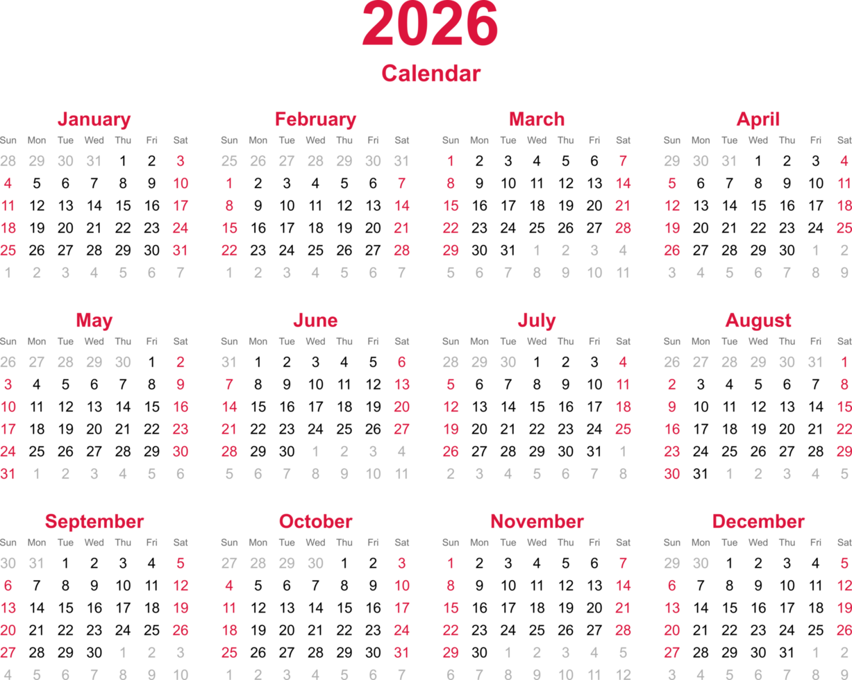 12 month calendar year 2026 on transparency background png