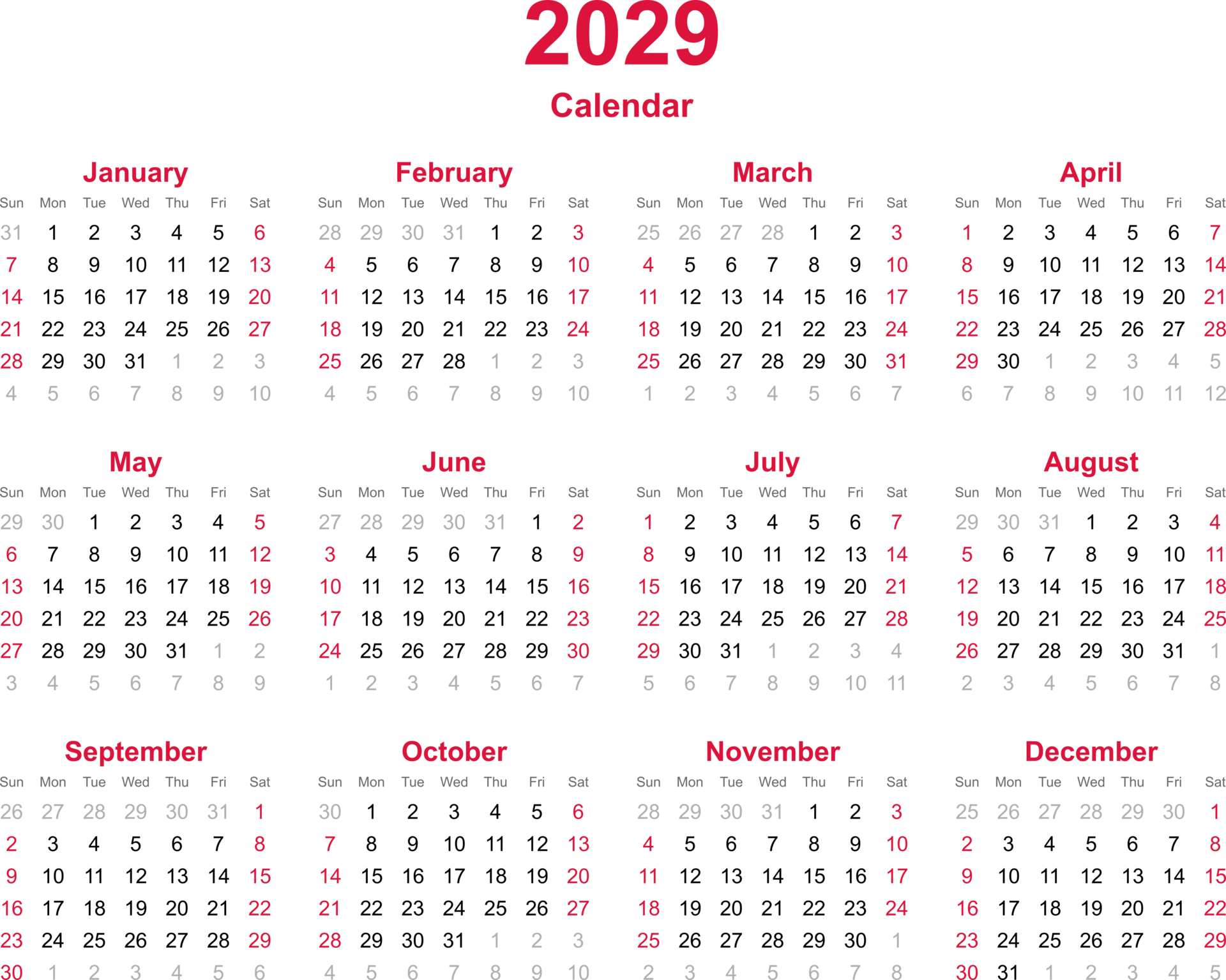 12 month calendar year 2029 on transparency background 13666369 PNG