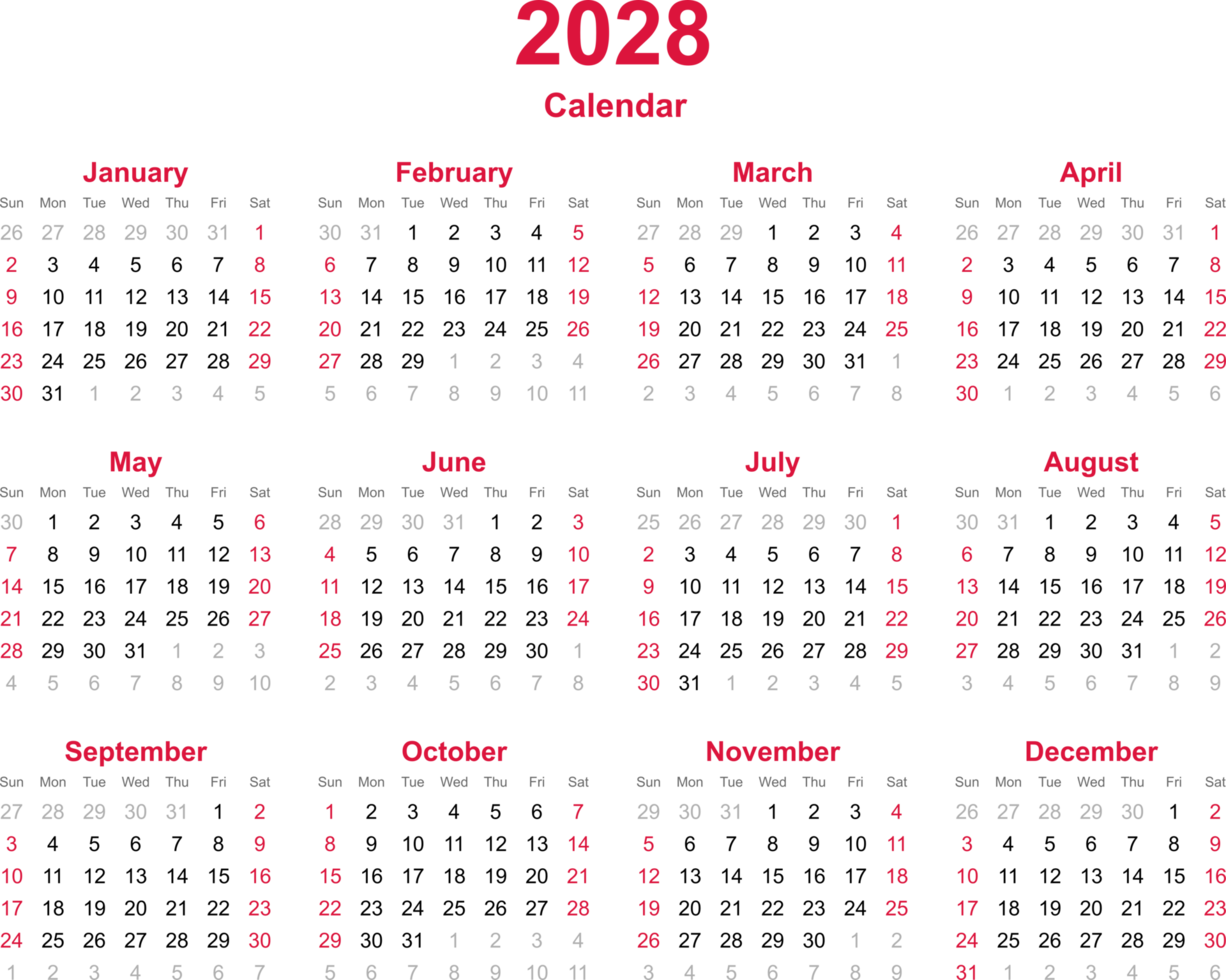 12 month calendar year 2028 on transparency background png