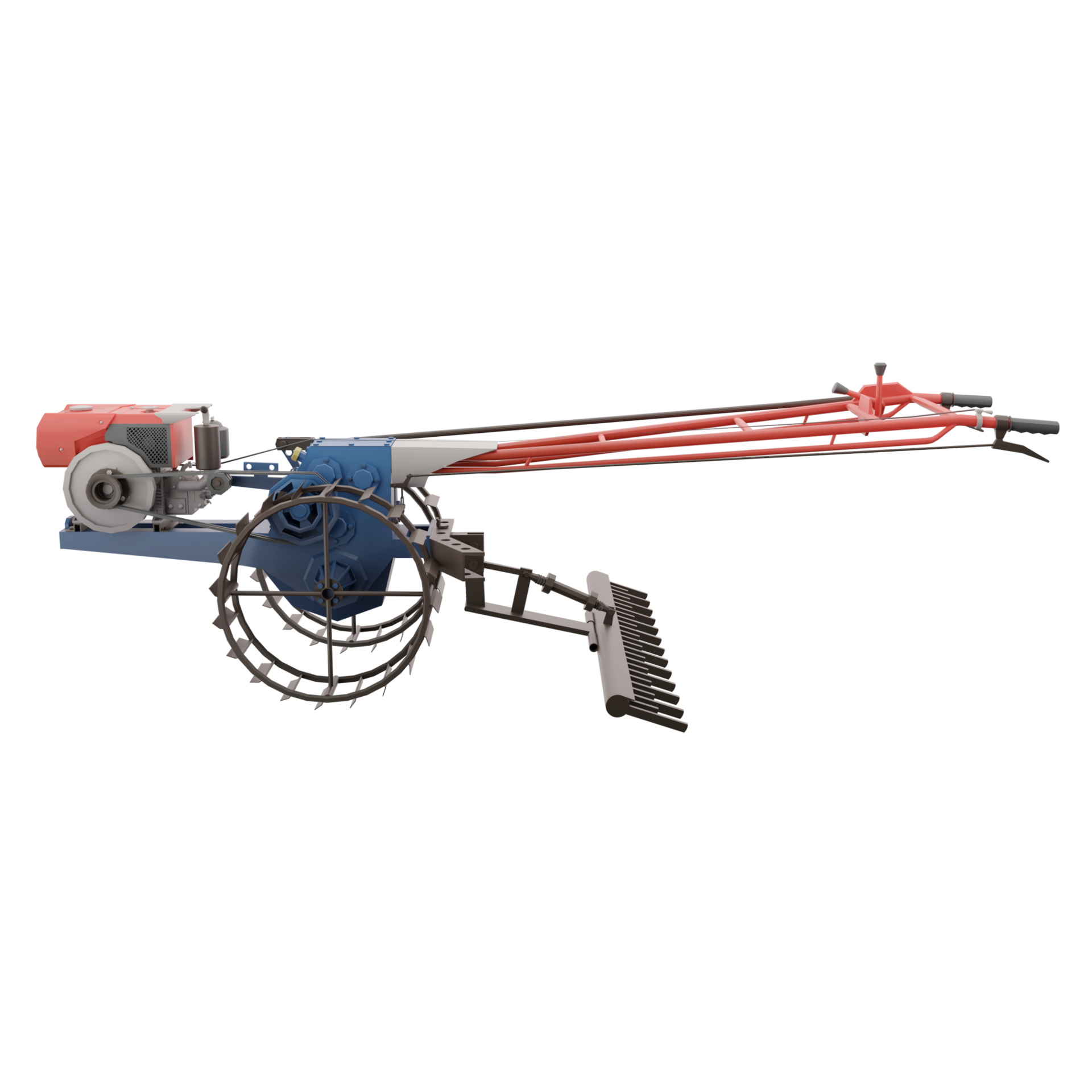 3D render thailand tractor hand control with steel wheels and rake accessories side view.png