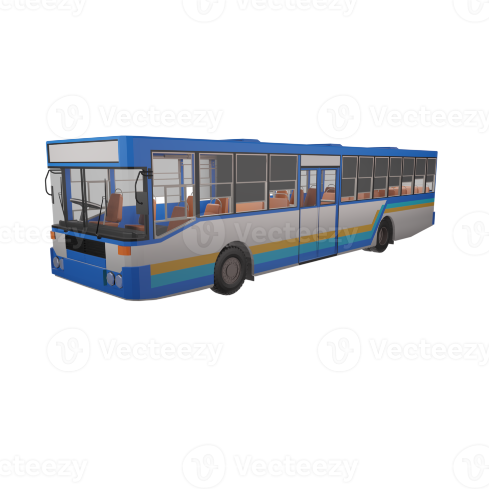 3D render thailand city bus blue white yellow color right side and focus on front to rear composition view. png illustration