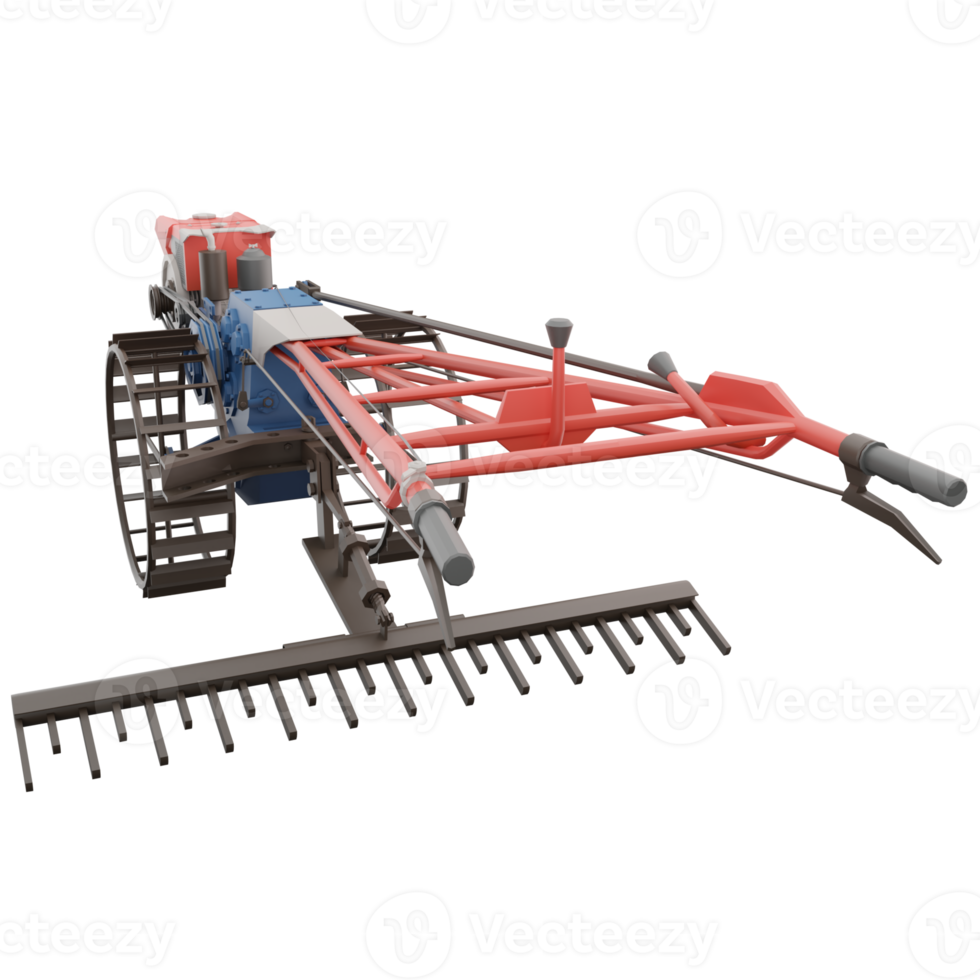 3D render thailand tractor hand control with steel wheels and rake accessories rear view.png illustration. png