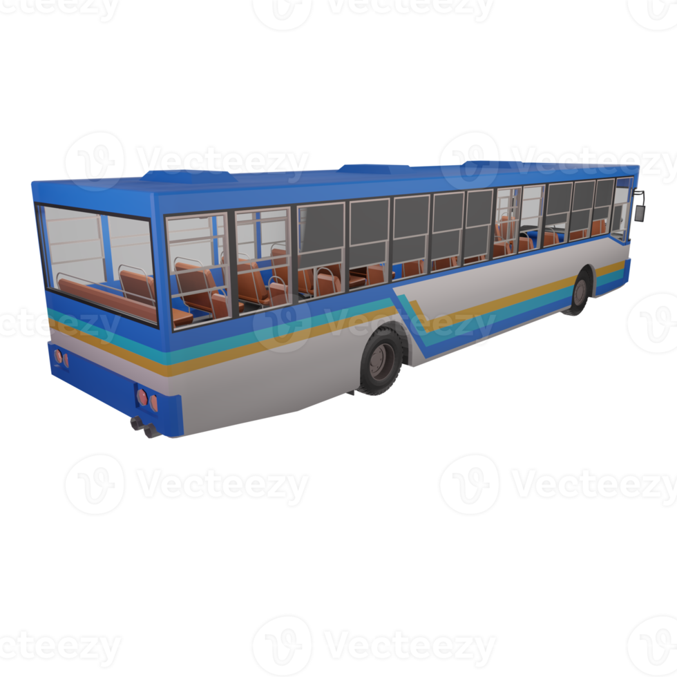 3D render thailand city bus blue white yellow color. right side and focus on rear to front composition view. opposite the door side png illustration