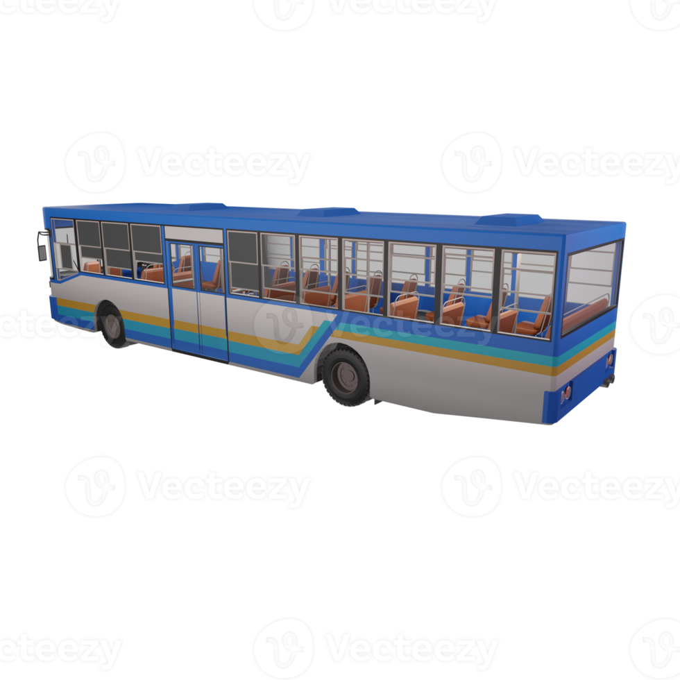 3D render thailand city bus blue white yellow color. right side and focus on rear to front composition view. png illustration