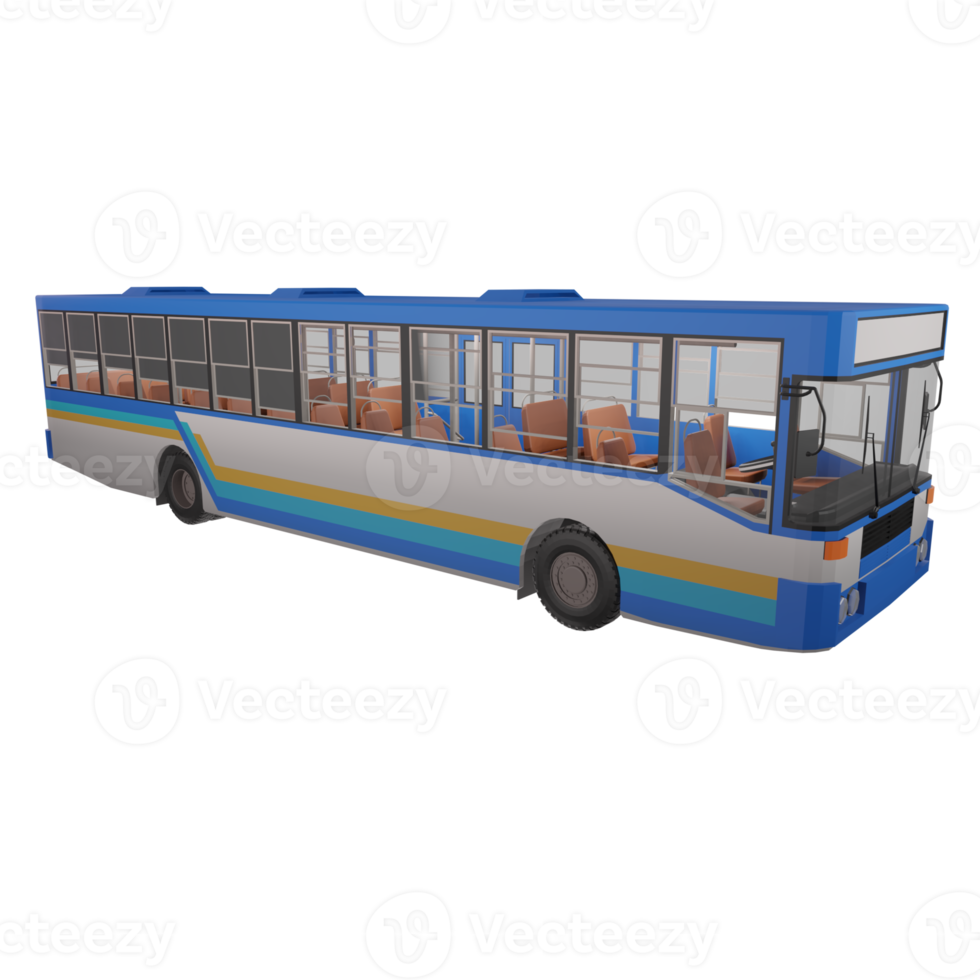 3D render thailand city bus blue white yellow color. right side and focus on front to rear composition view. opposite the door side png illustration