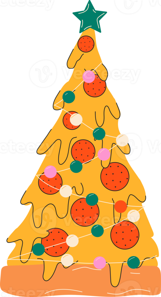 árbol de navidad de pizza con estrella en la parte superior. diseño plano png