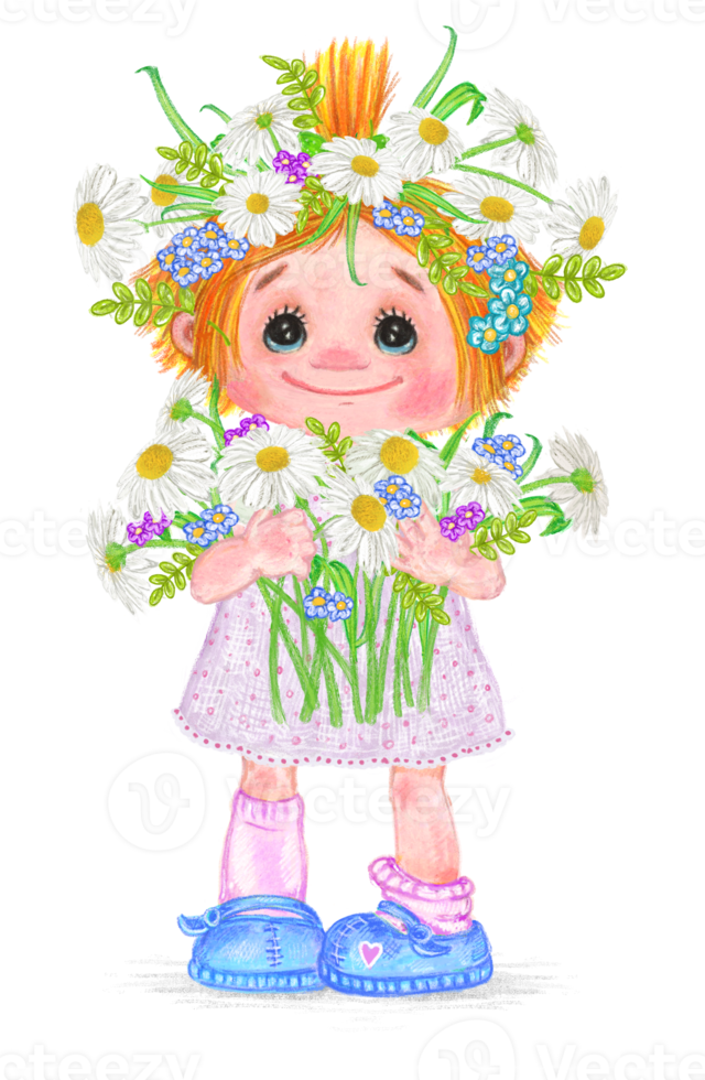 A little girl is holding flowers in her hands, her head is wrapped in flowers. png